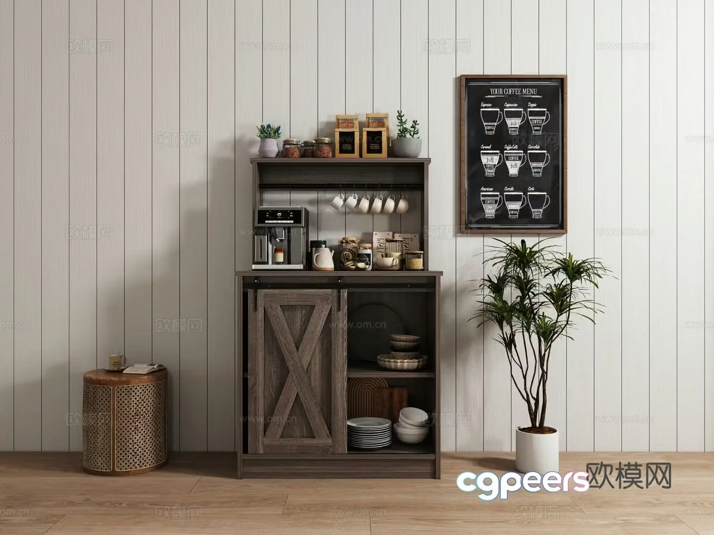 Modern sideboard retro sideboard coffee machine hanging painting plant chair food ornament 3d model