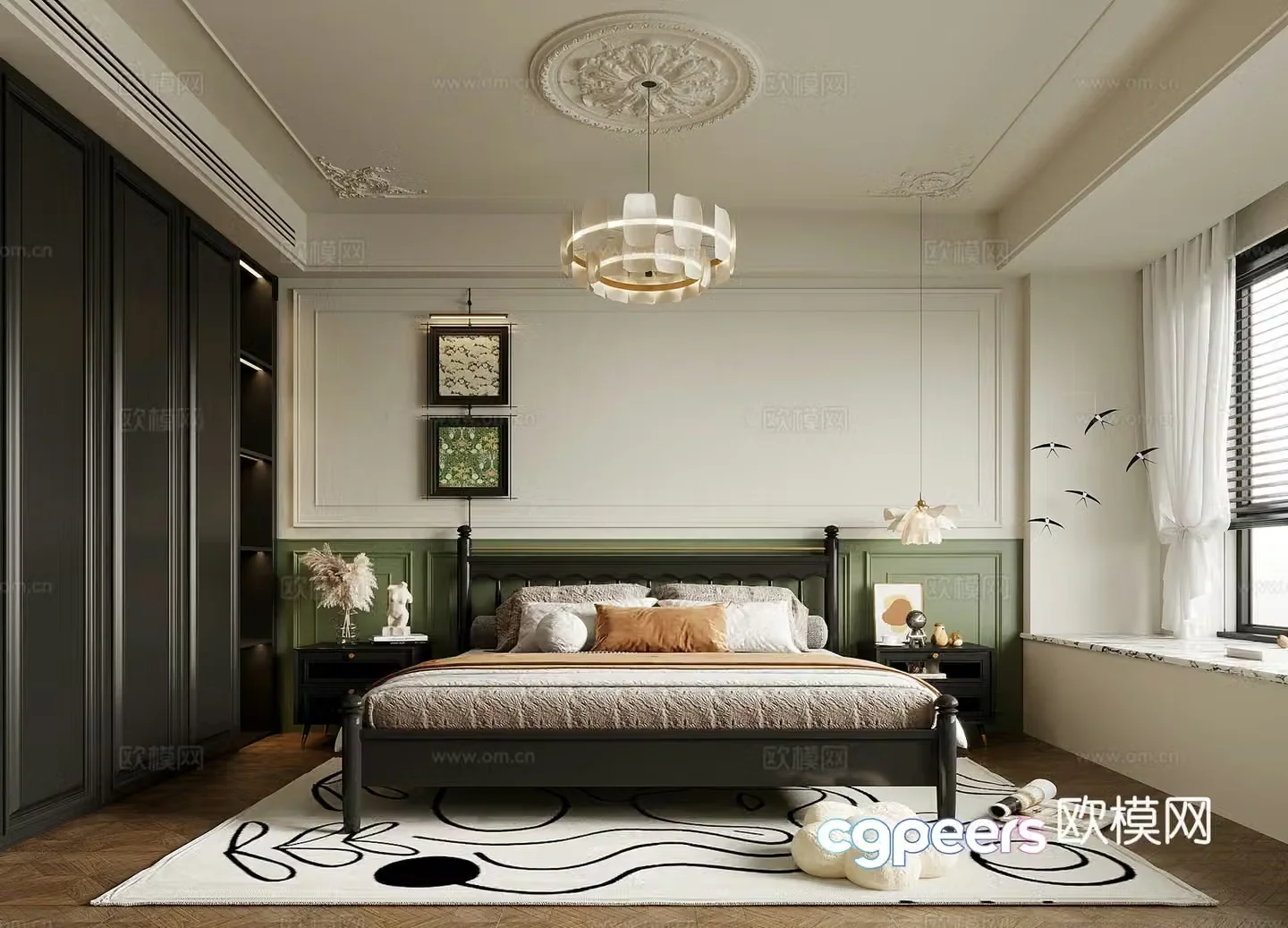 Bedroom French retro style bedroom Double bed nightstand wardrobe 3d model