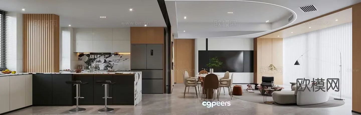Italian restaurant creamy restaurant TV background wall open kitchen opposite sex sofa combination 3D model