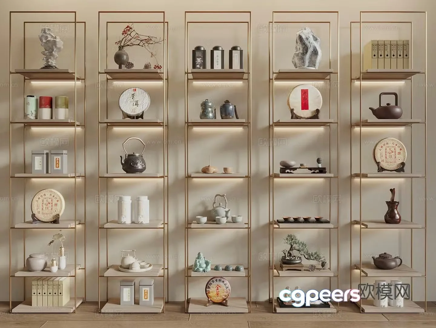 Tea tea set tea cup tea tray kettle tea combination packaging box bogu shelf 3D model