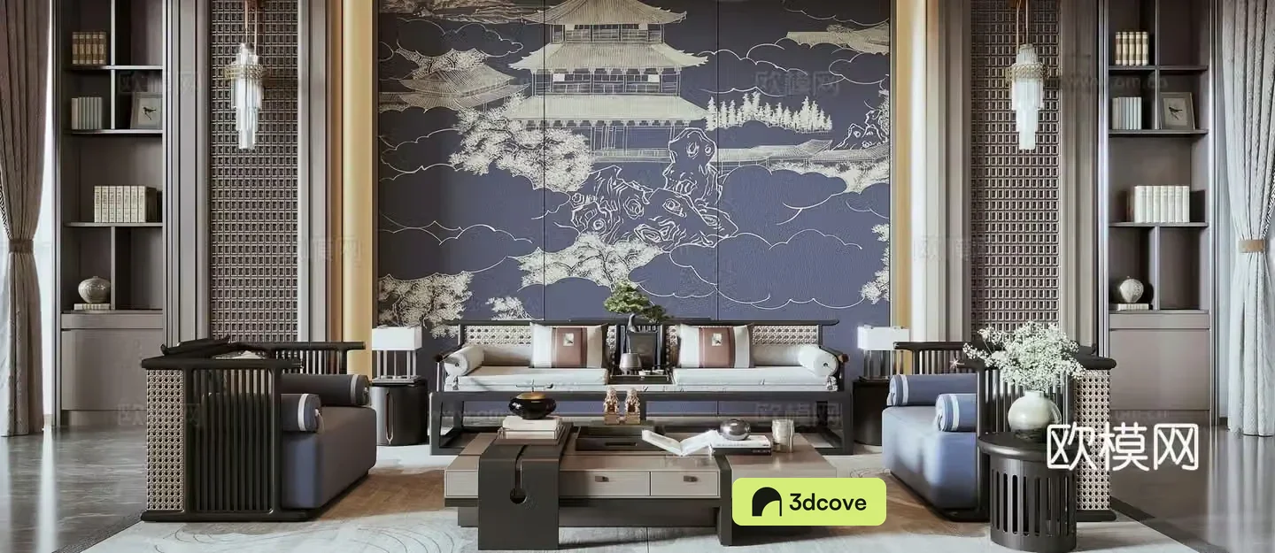 New Chinese style living room combination sofa desk lamp wall lamp new Chinese style living room leisure chair