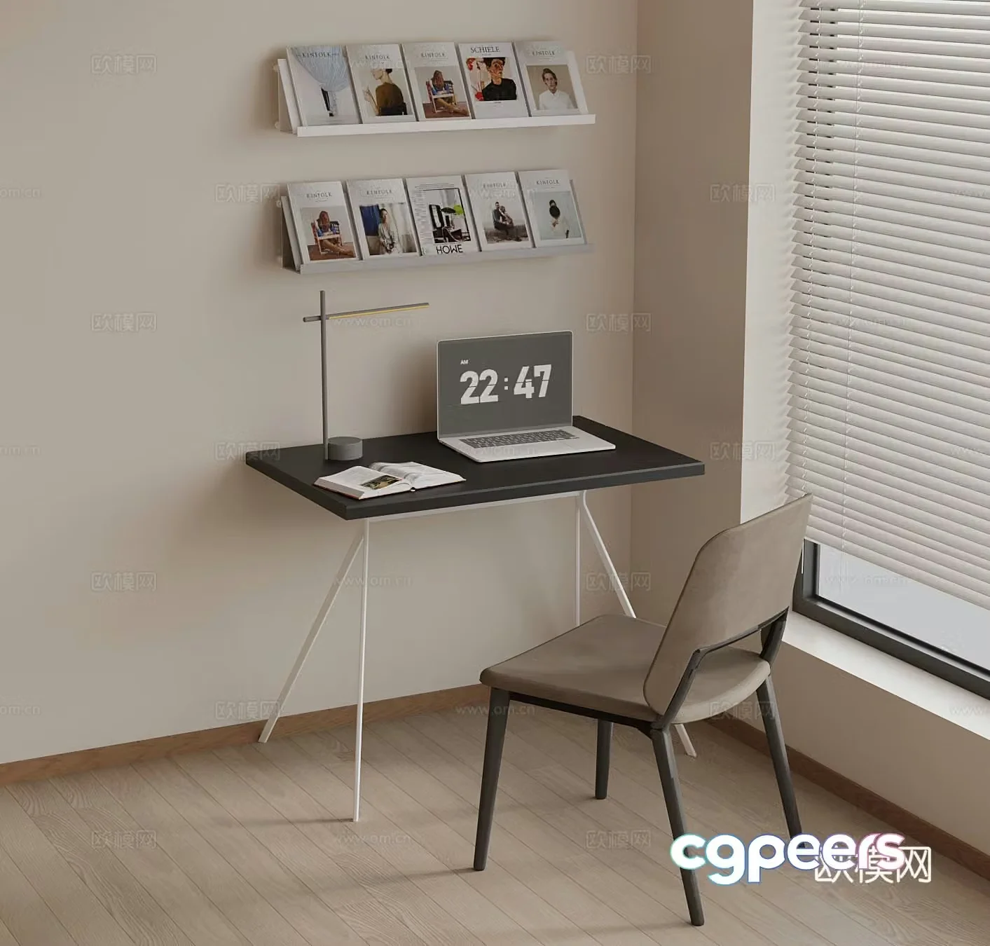 Modern desk and chair Study table Bookshelf 3d model