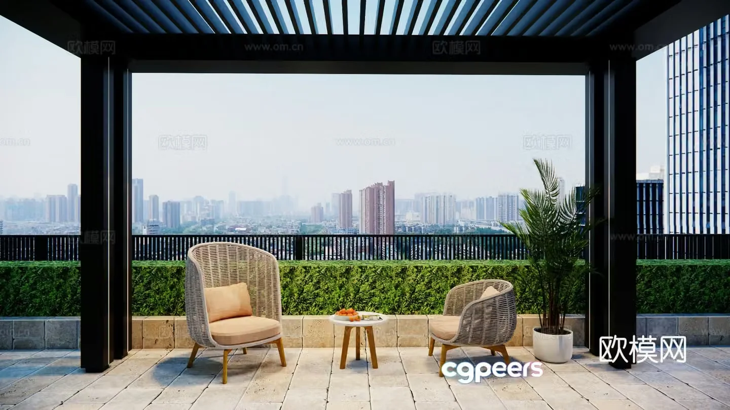 Modern outdoor courtyard garden terrace leisure chair single chair round metal coffee table metal corridor frame 3d model