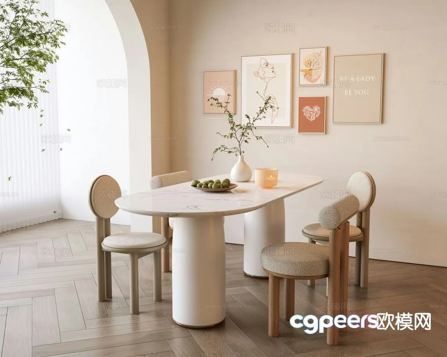 Creamy dining table and chair 3d model