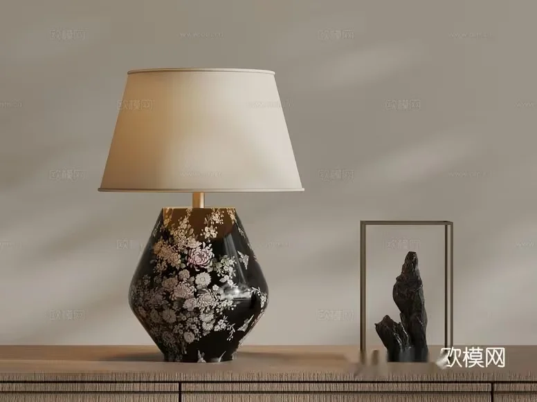 A Black Lamp With A Floral Design And A Beige Lampshade 3D Model – 12146 – VRAY Render
