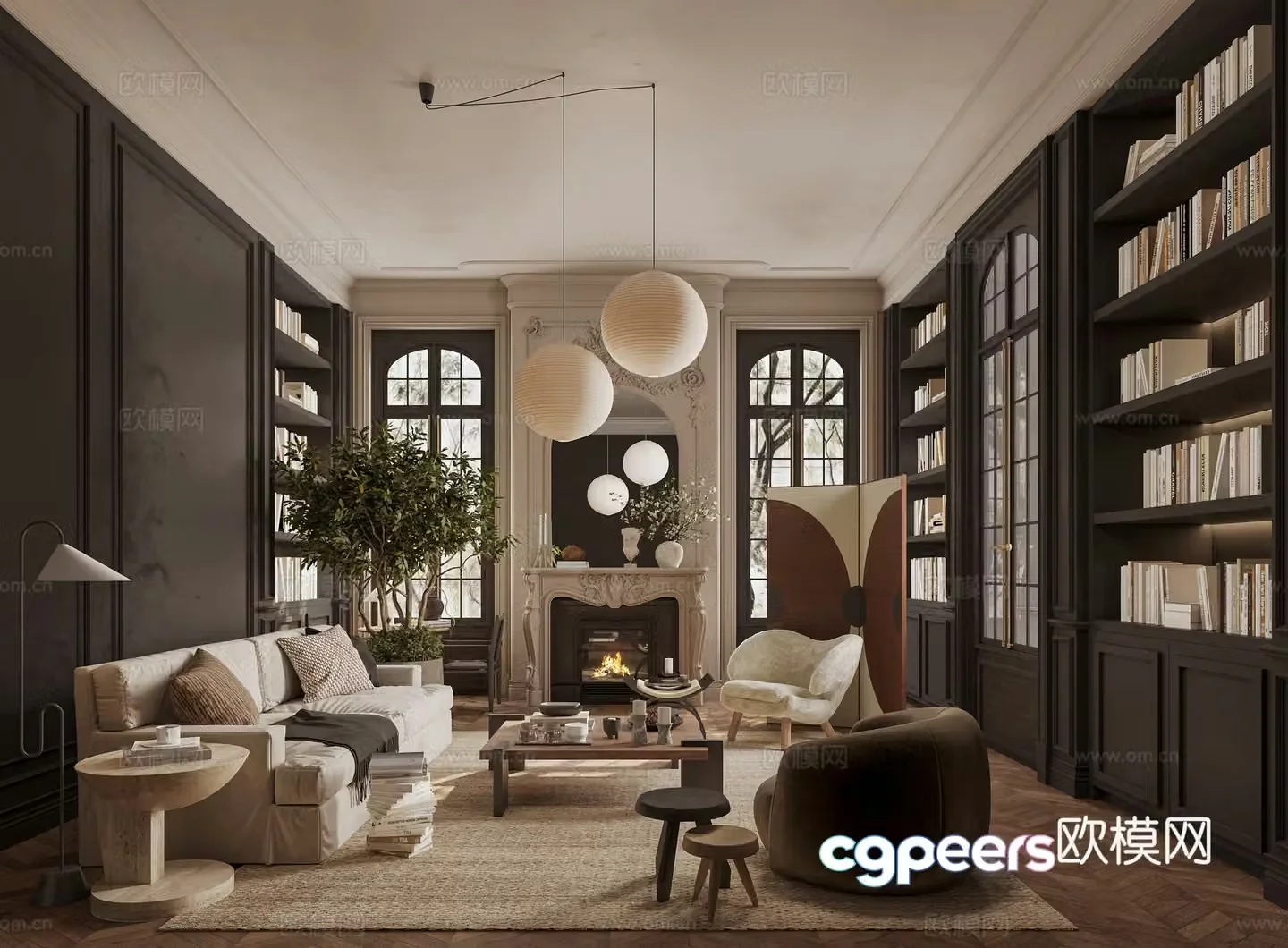 French medieval style living room sofa and coffee table combination fireplace 3d model