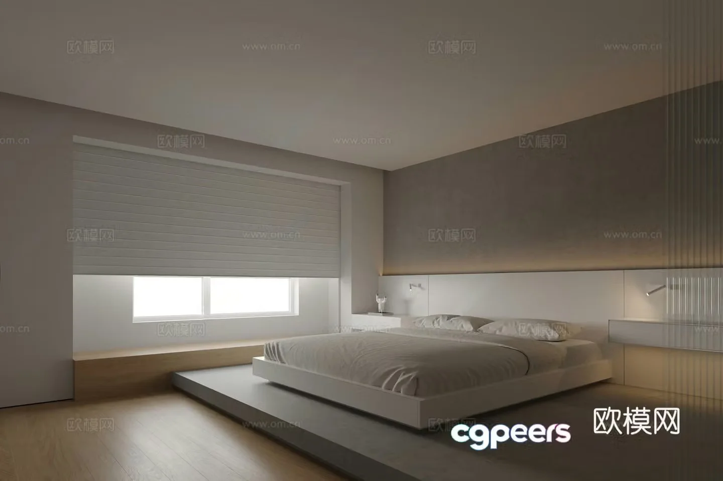Modern minimalist cement bedroom suspended bed double bed hanging bedside table wooden floor 3d model