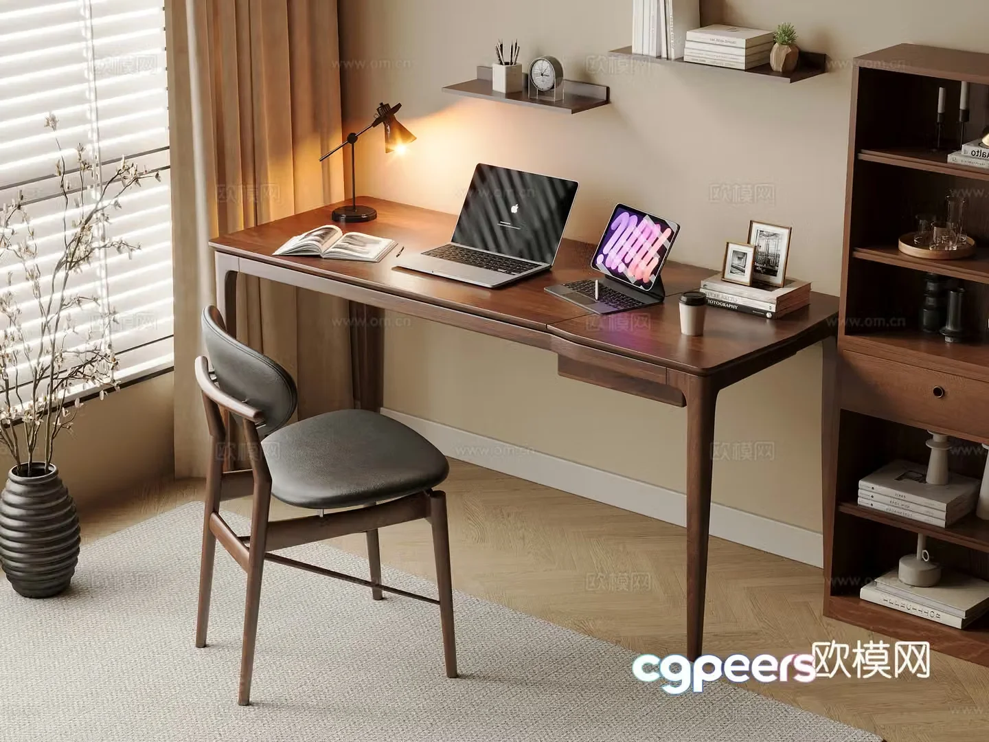 Middle-aged style desk and chair solid wood computer desk and chair writing desk study desk and chair solid wood single chair bookcase 3D model