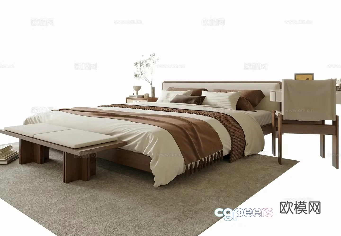 Modern double bed bed tail stool bedside table leisure chair 3d model