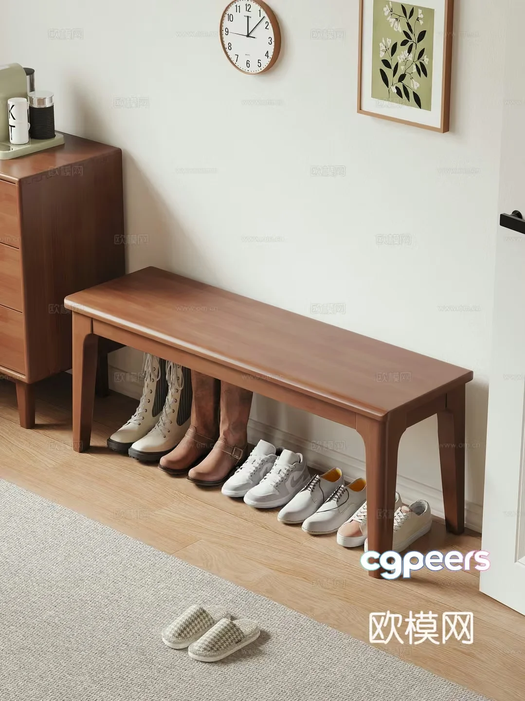 A Wooden Bench With Shoes Under It 3D Model – 15168 – VRAY Render