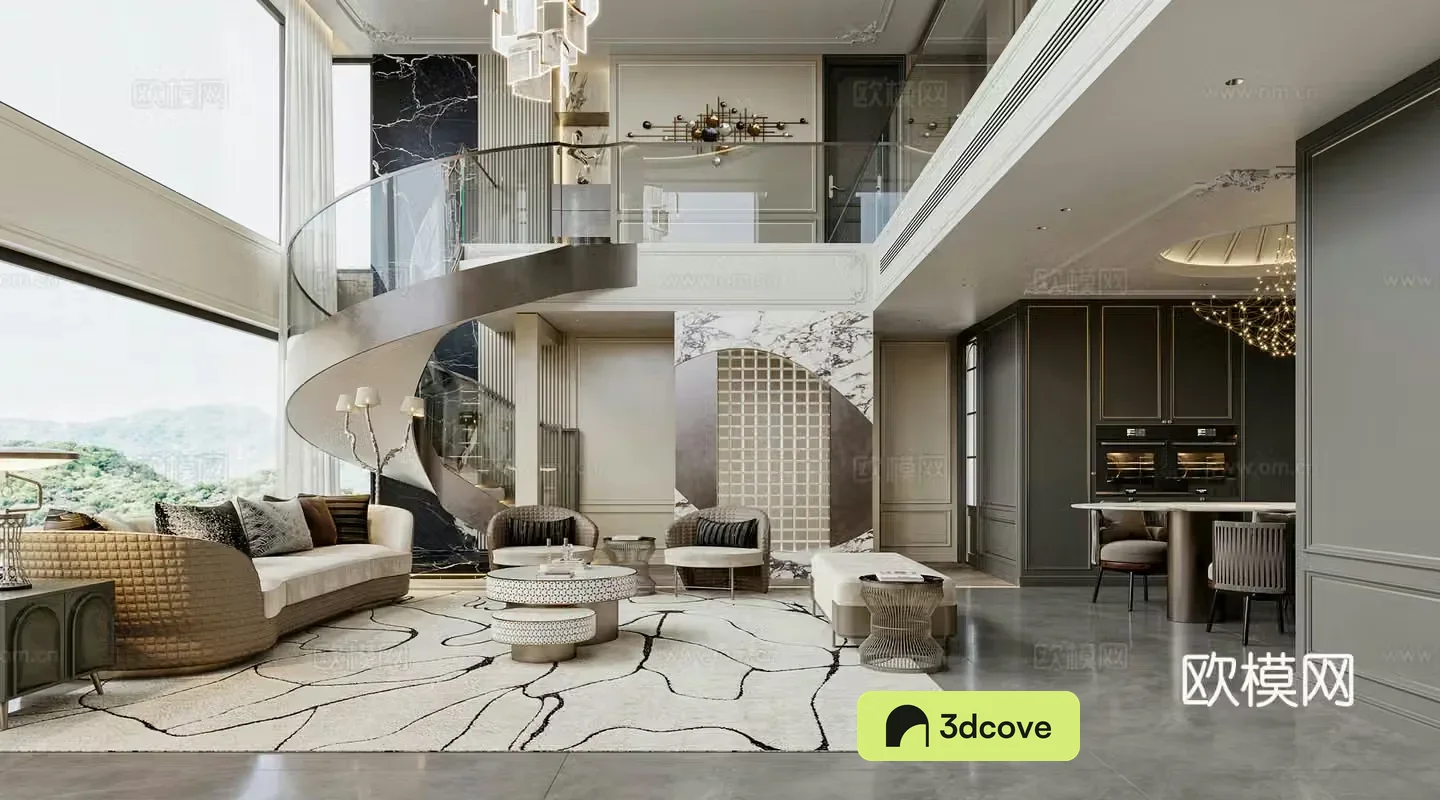 French empty living room sofa combination spiral stairs French villa living room