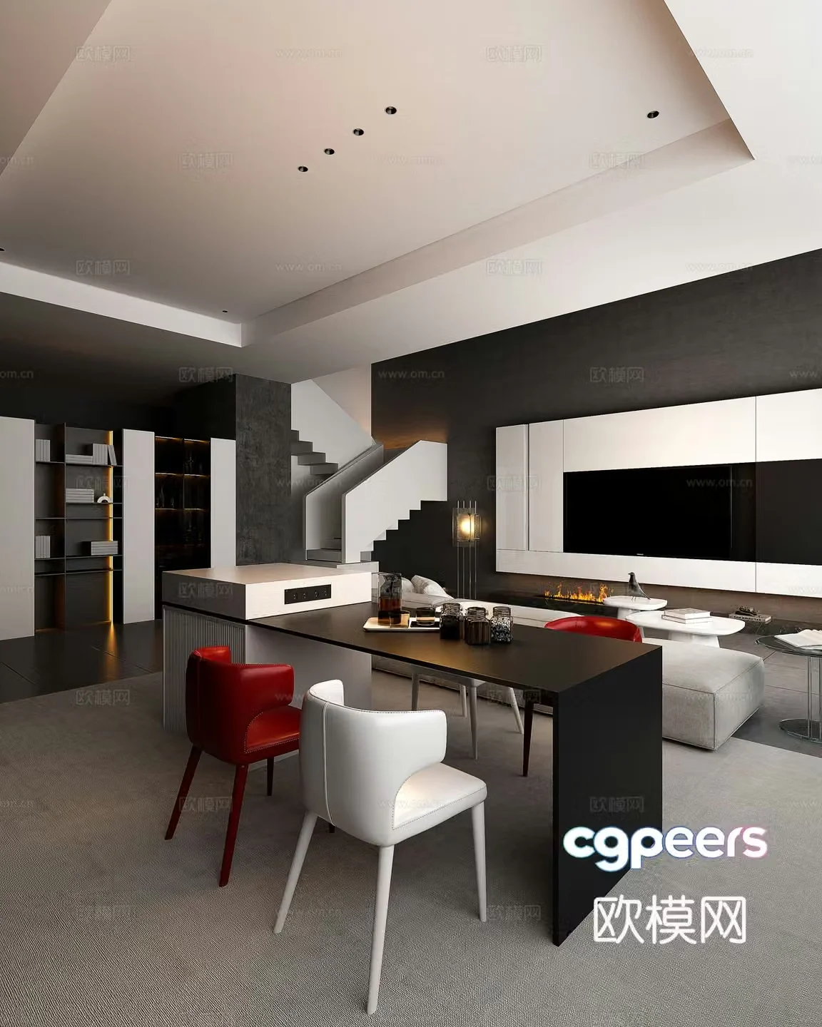 Modern living and dining room large flat floor living and dining room Italian and dining room minimalist living and dining room modern wine cabinet 3D model