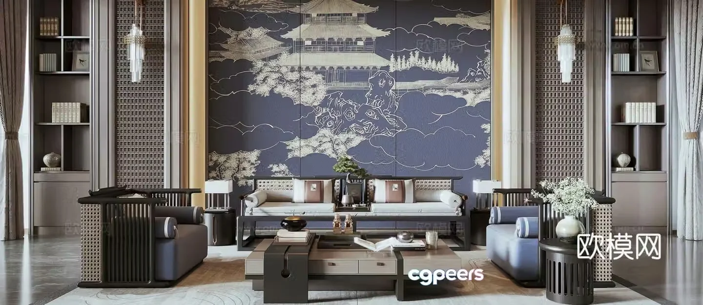 New Chinese style living room combination sofa desk lamp wall lamp new Chinese style living room leisure chair 3D model