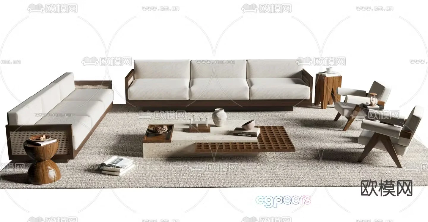 Wabi-sabi style sofa modular sofa three-person sofa 3D model