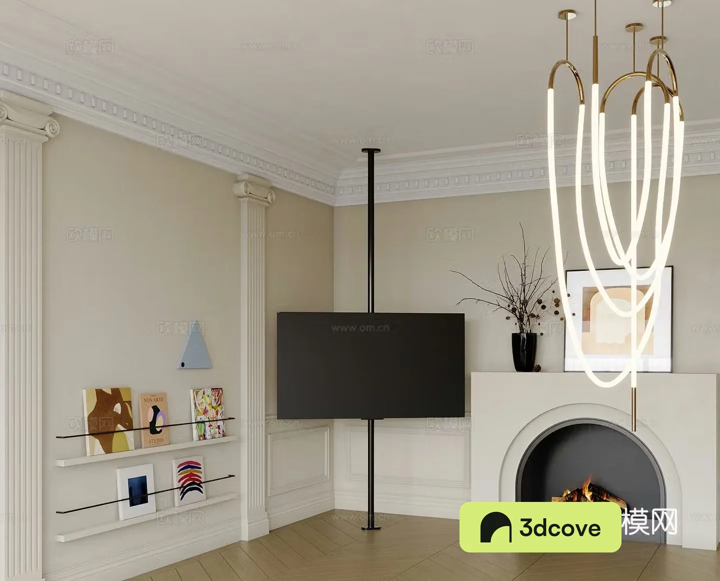Modern fireplace TV hanging painting ornaments books
