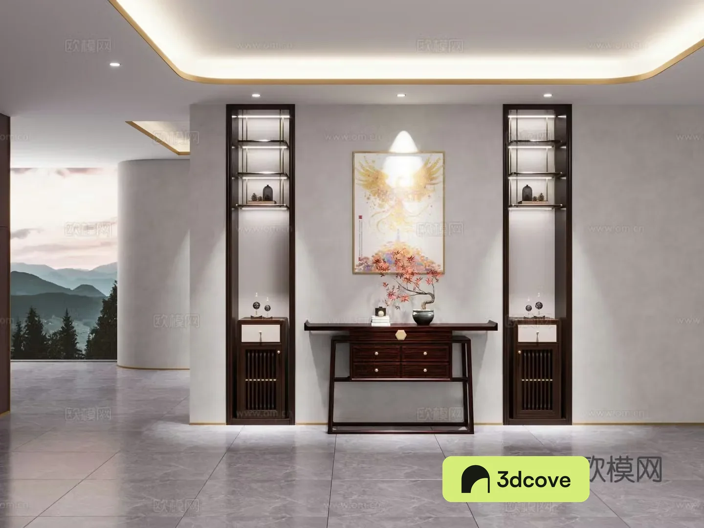 New Chinese style entrance cabinet entrance door background entrance table hanging painting