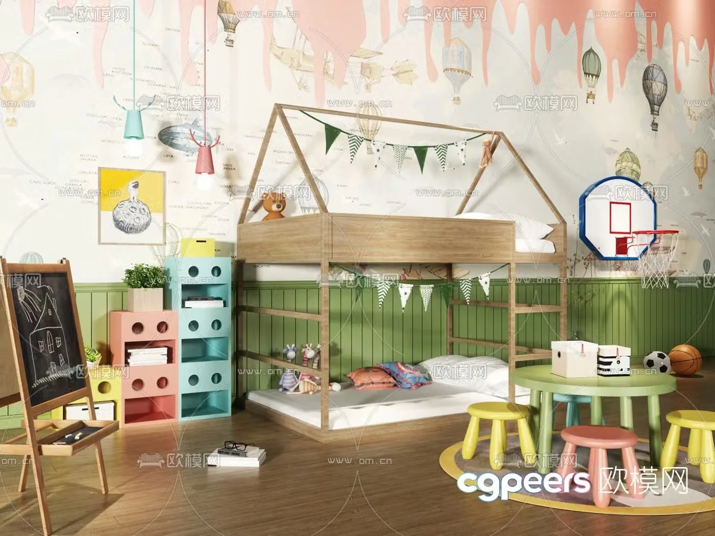 Nordic children’s bed children’s table and chair 3d model