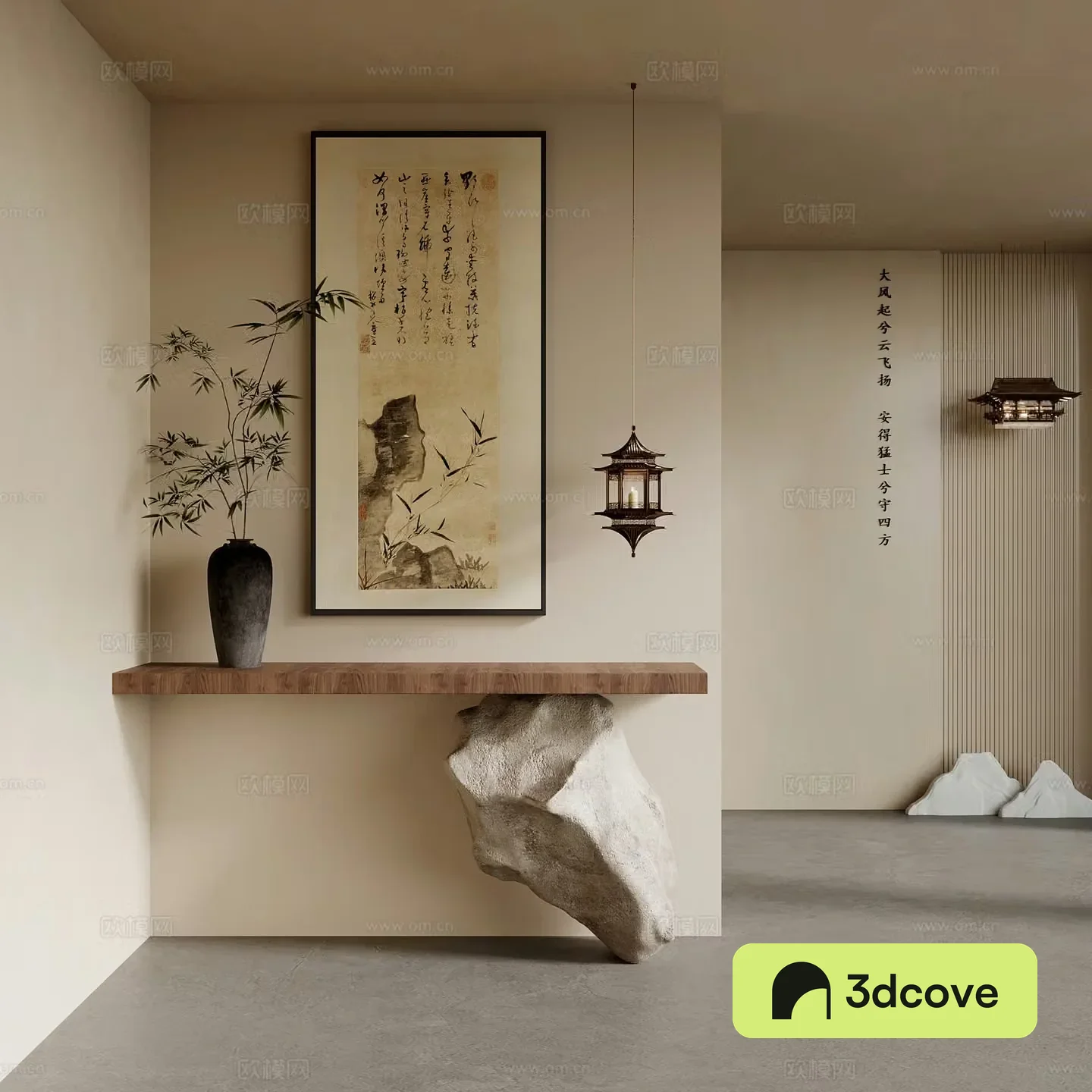 Porch New Chinese style porch Background wall Decorative painting Green plants Decorative chandeliers