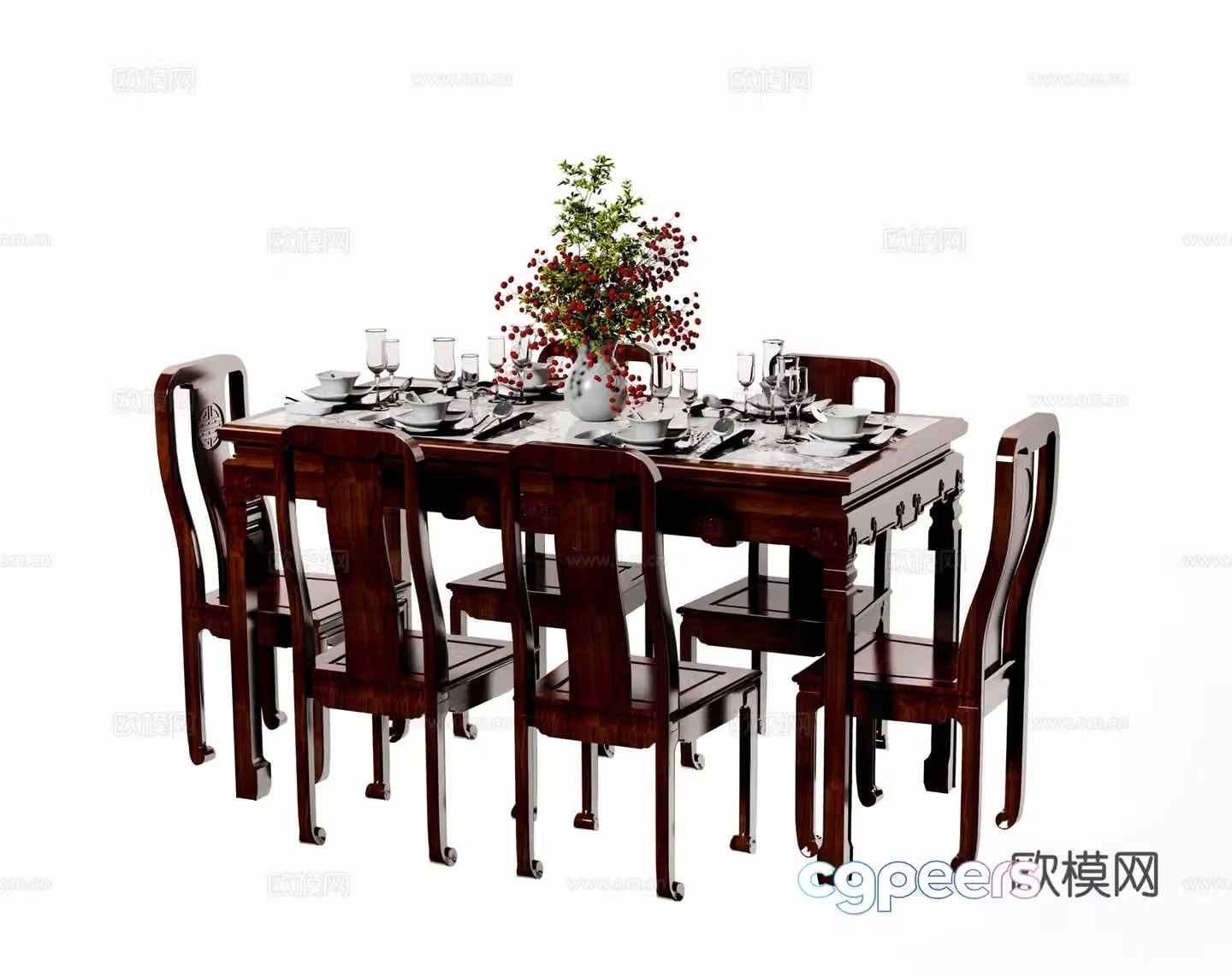 Chinese solid wood dining table and chair combination 3D model