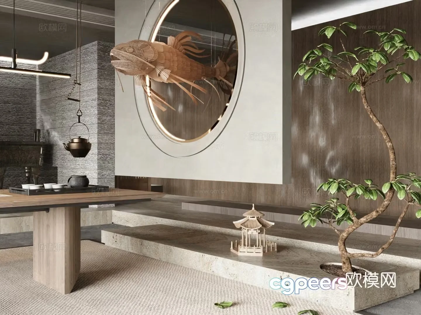 New Chinese style partition entrance partition sculpture decoration flying fish 3d model