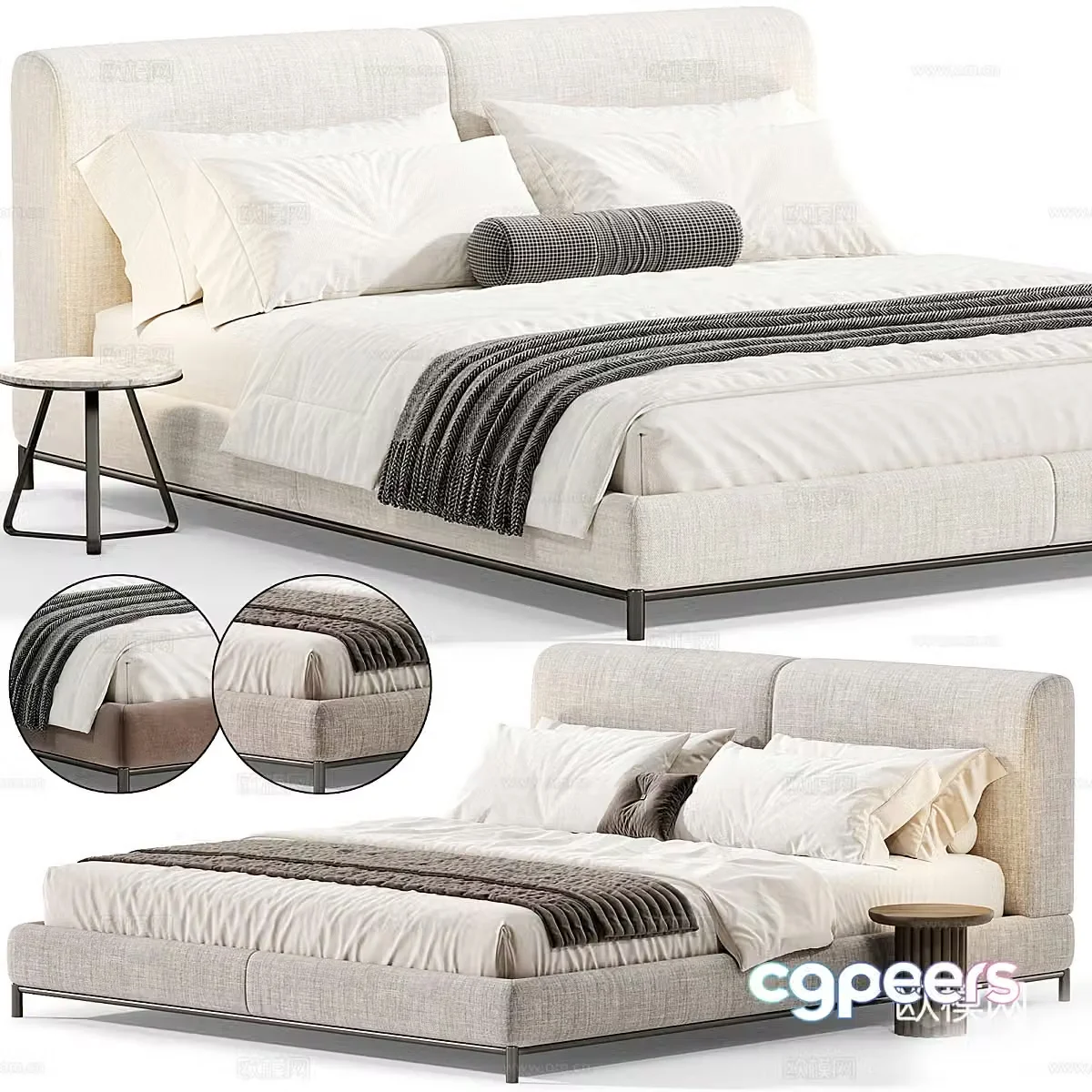 Modern cream style fabric double bed 3d model