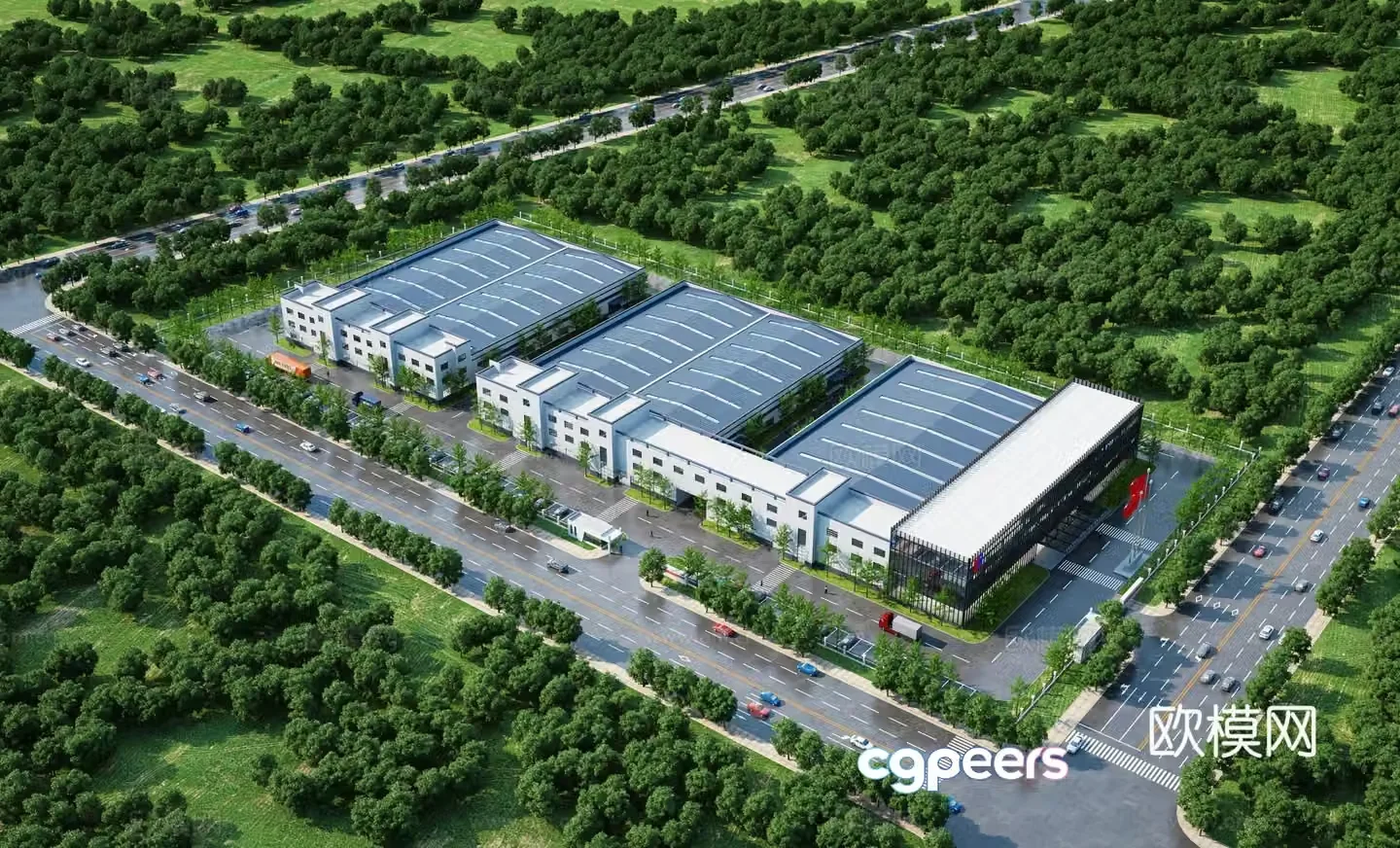 Aerial view 3d model of modern factory building