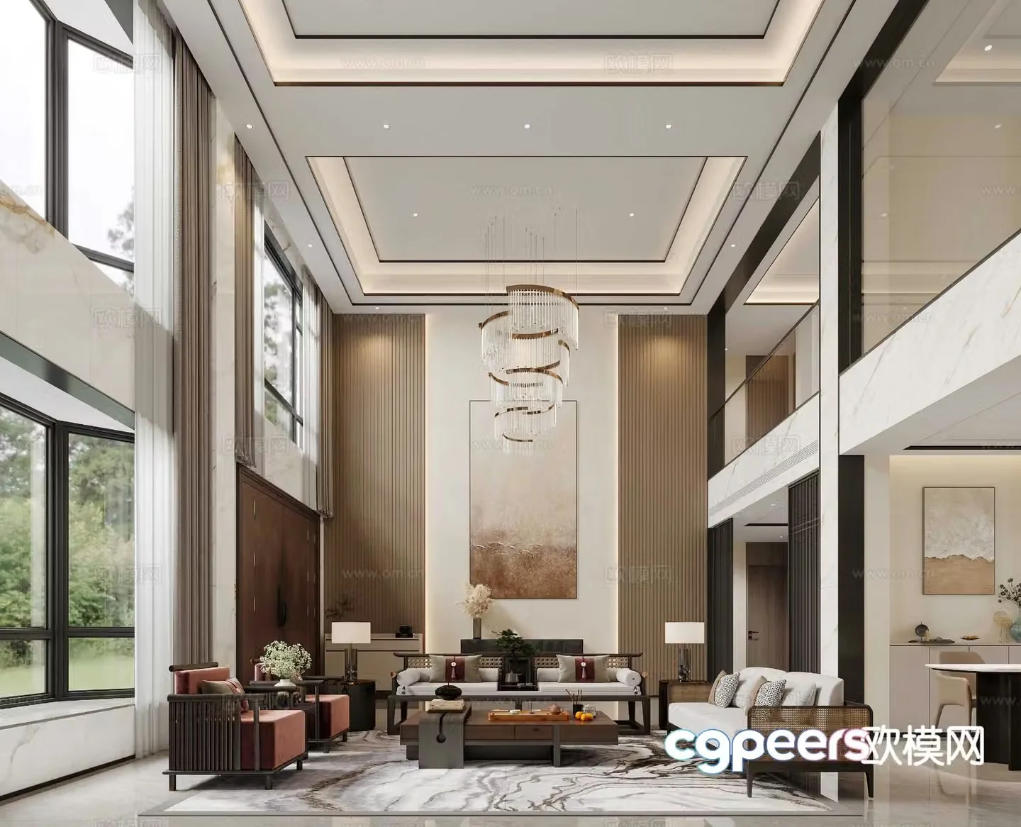 New Chinese-style villa lobby villa living room audio-visual room 3D model