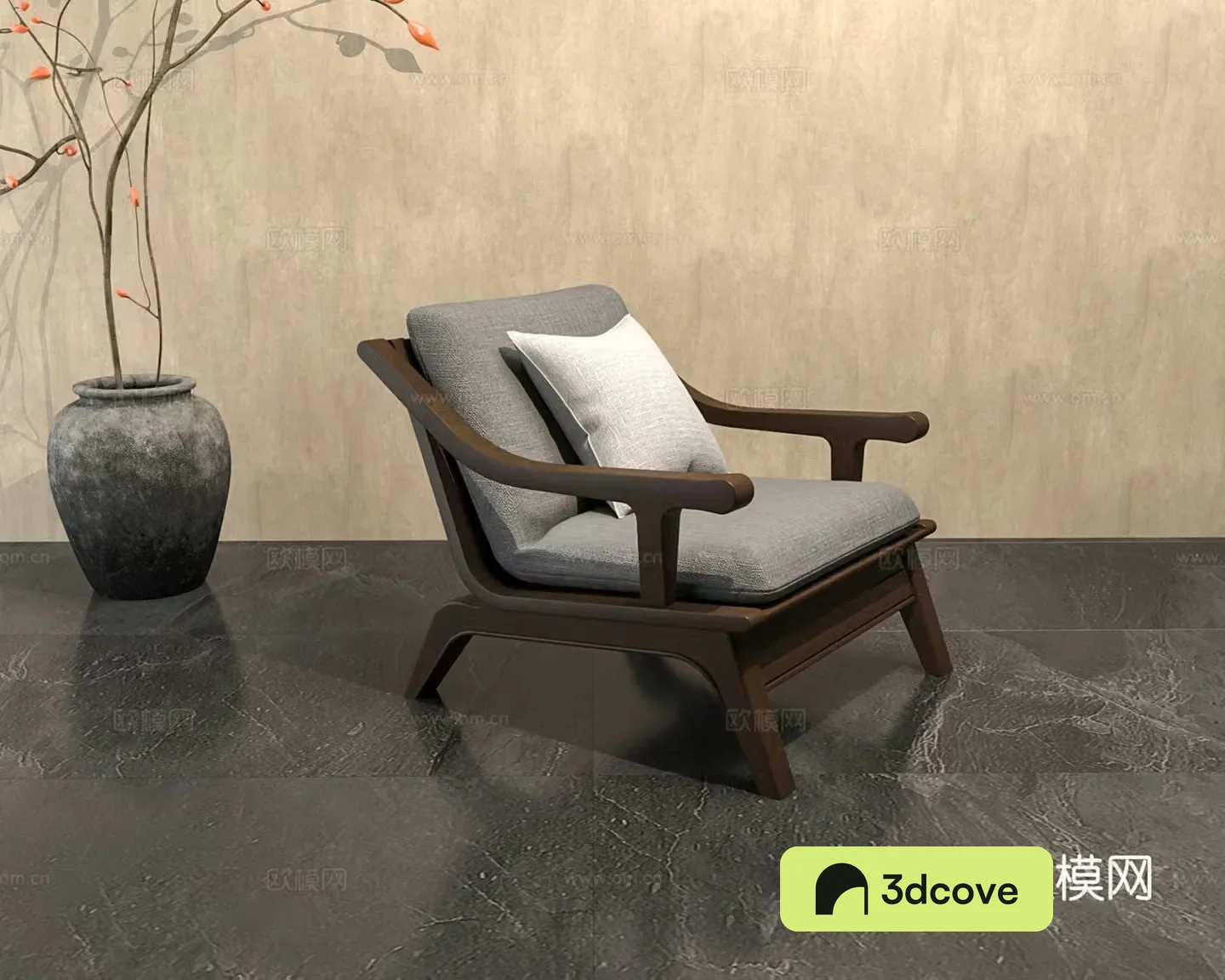 New Chinese-style solid wood single sofa Wasabi style solid wood sofa simple sofa 3D model
