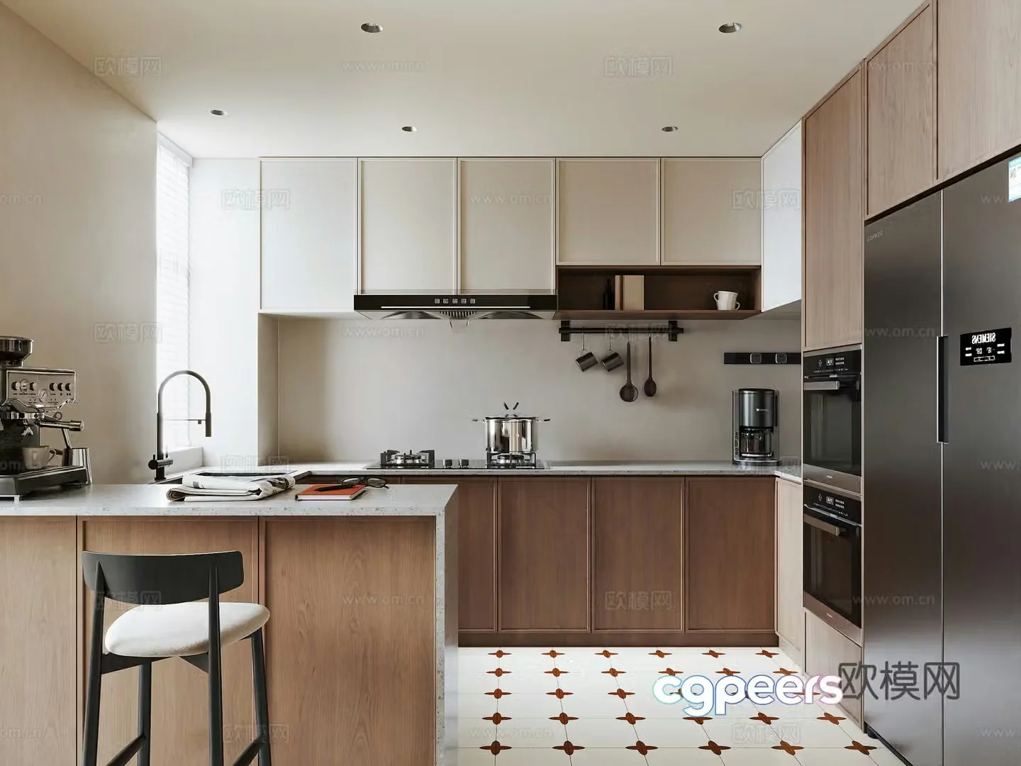 Medium-old kitchen Medium-old bar chair Bar ornaments Medium-old flower tiles Refrigerator Electrical cabinet Range hood 3D model