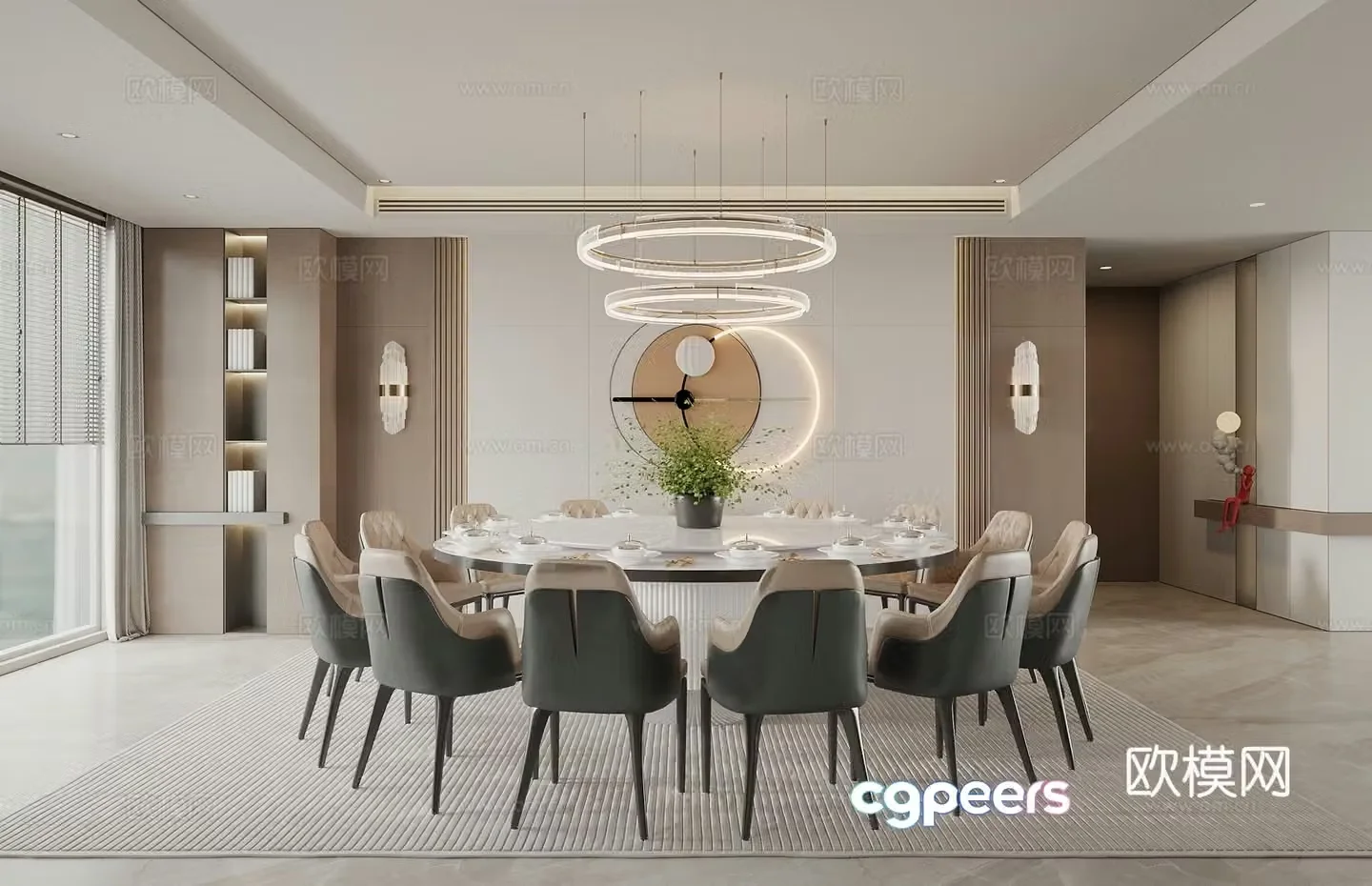 Modern restaurant private room large private room hotel private room round dining table and chairs background wall chandeliers wall 3d model