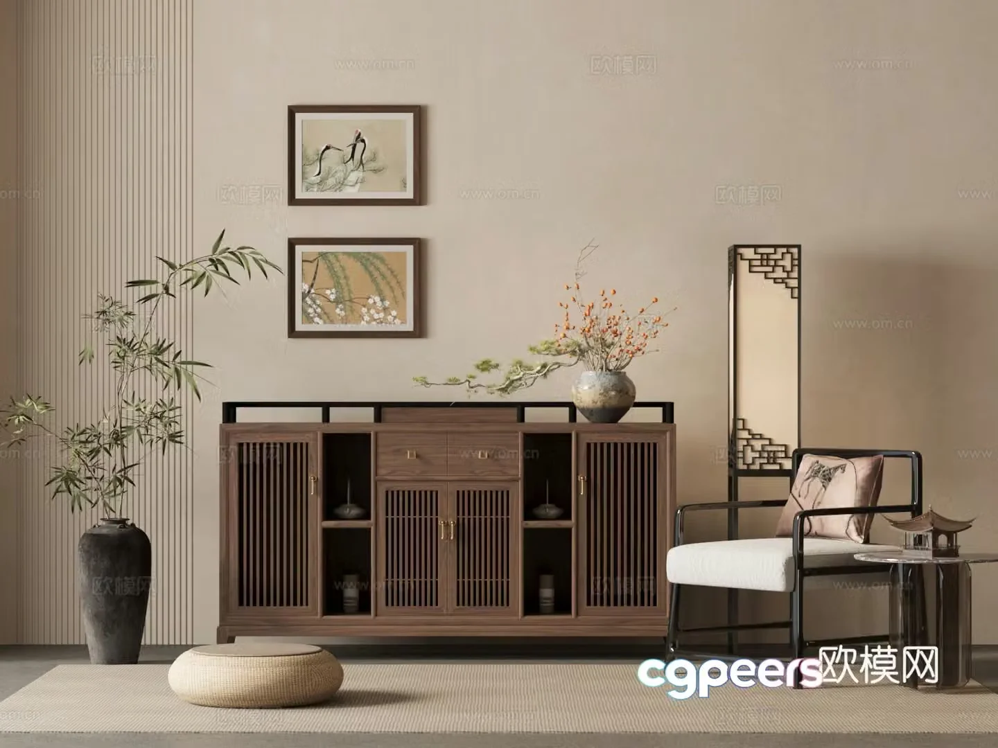 New Chinese style chest of drawers side cabinets single casual chairs floor lamps floral green plants 3D model