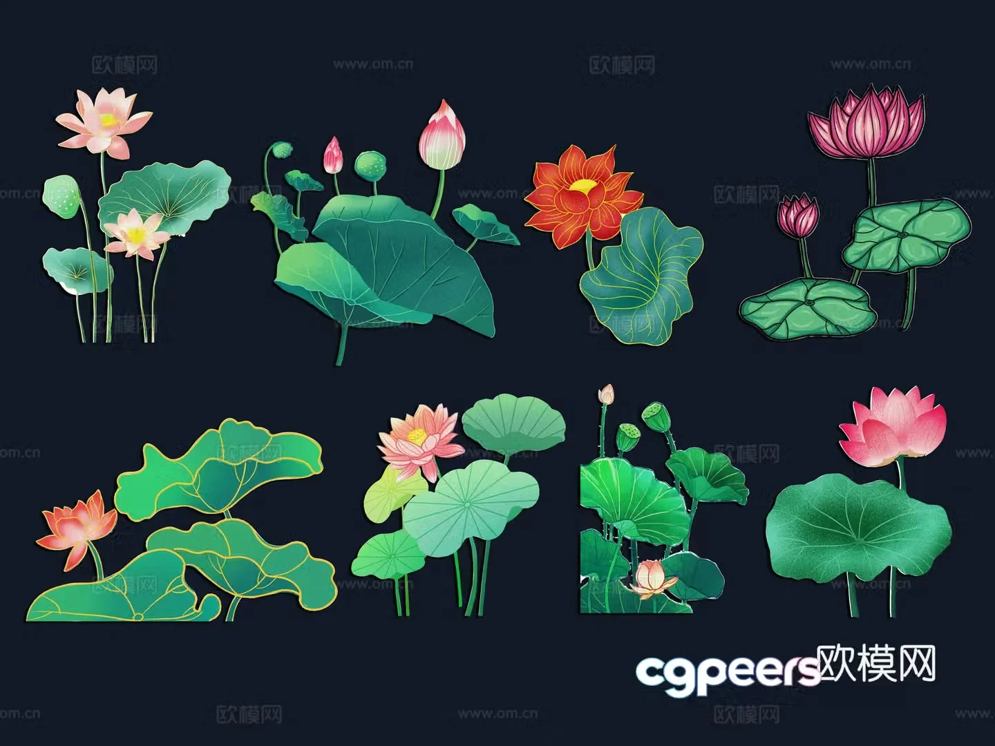 National tide carving plant silhouette lotus lotus leaves flowers national style carp fish 3d model