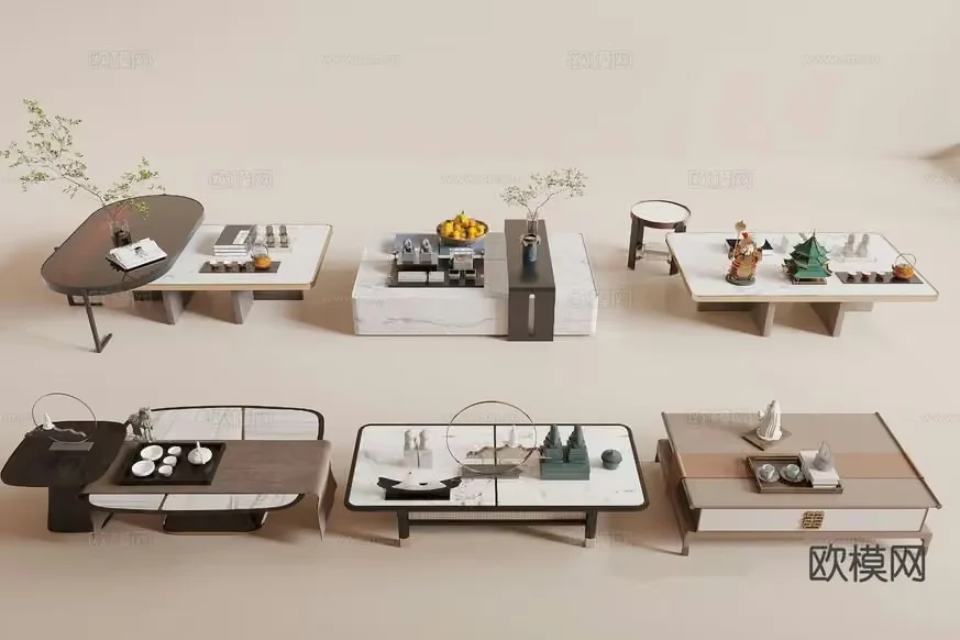 A Collection Of Tables With Various Decorative Items 3D Model – 15572 – CORONA Render
