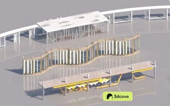 A 3D Rendering Of A Building With A Curved Roof And A Yellow