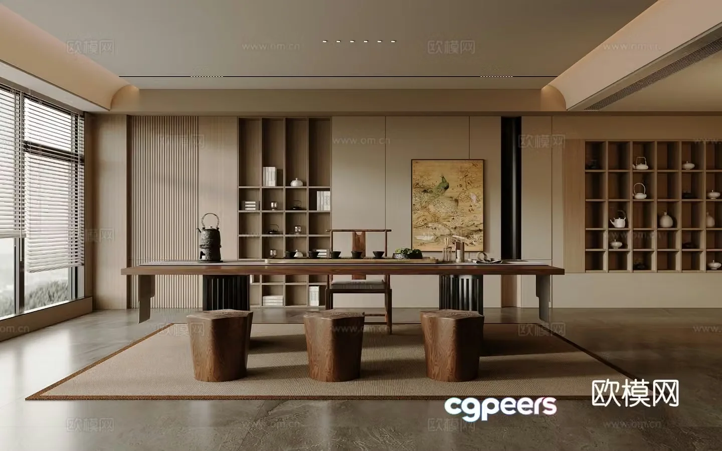 New Chinese-style tea room Song-style solid wood tea table and chair combination Large board tea table and 3D model