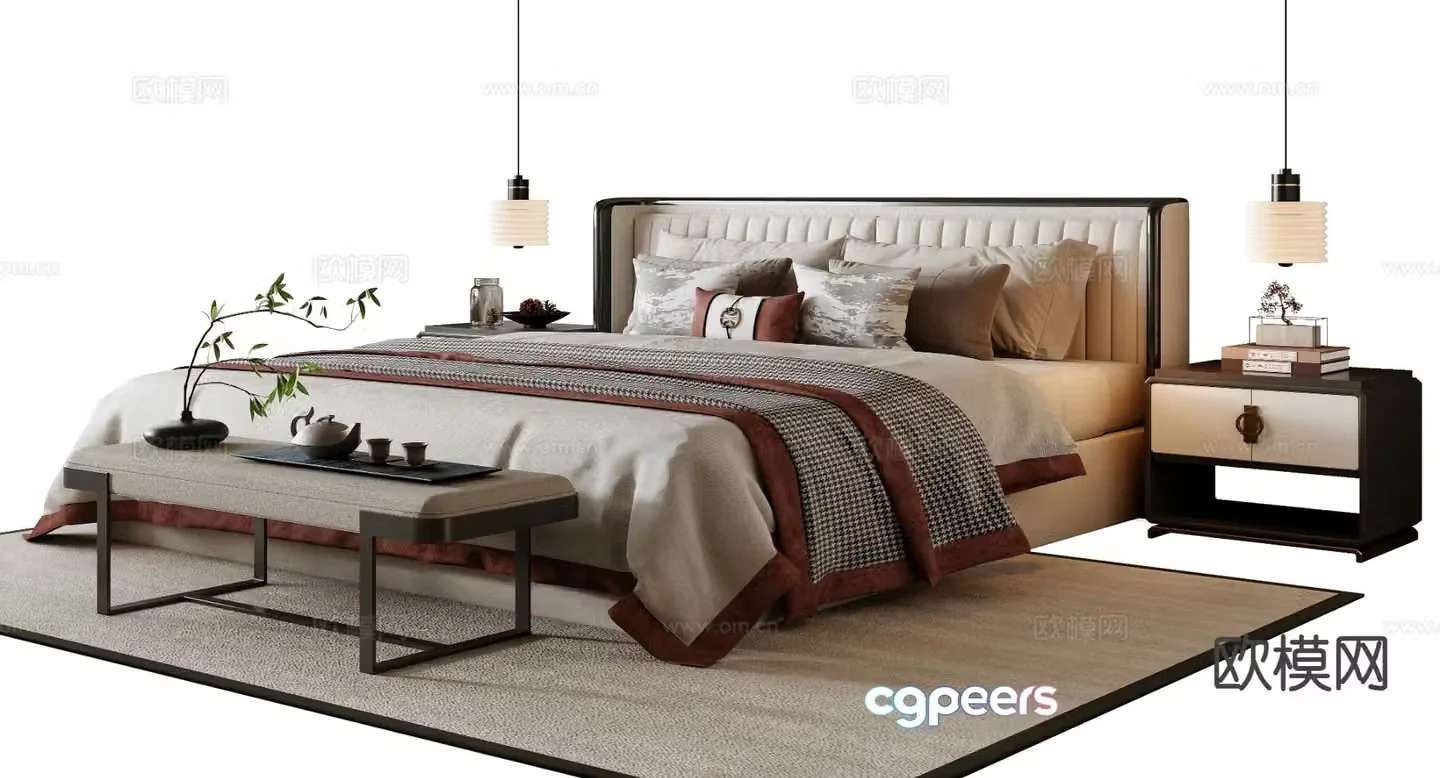 New Chinese style double bed 3d model