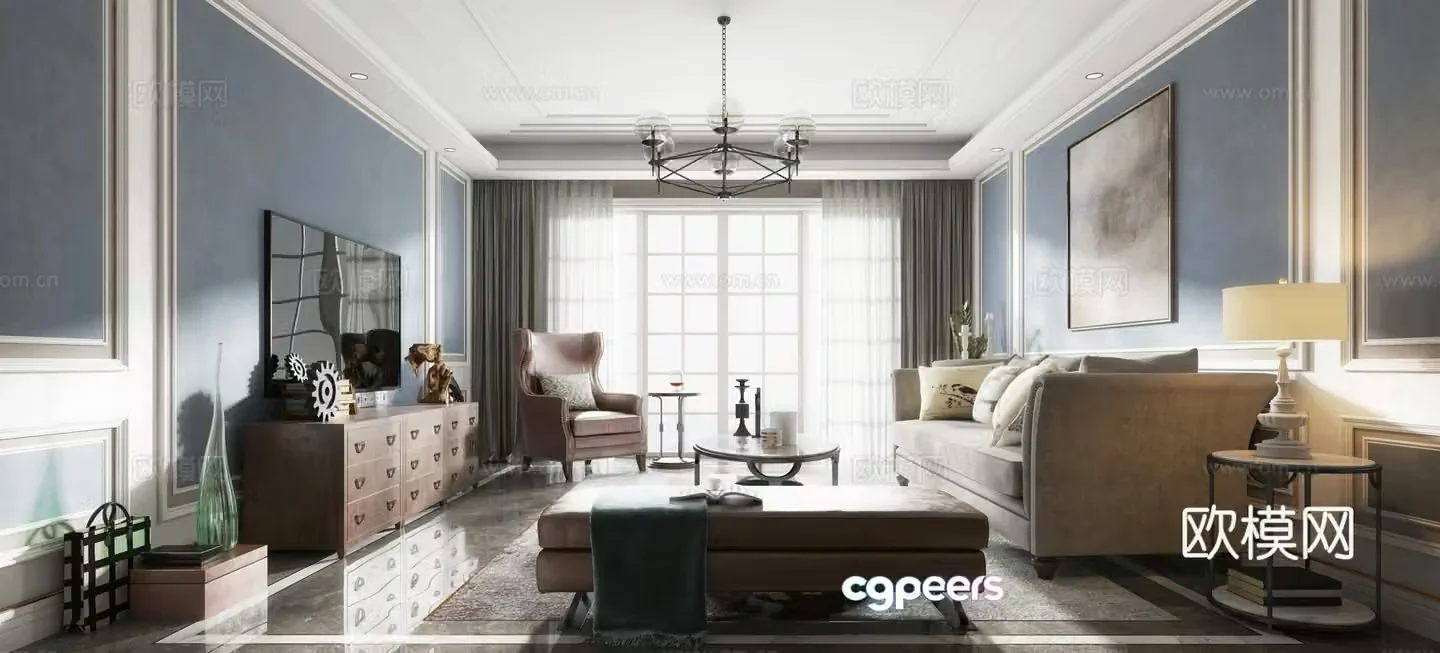 Modern American living room dining table chair sofa coffee table chandelier desktop ornament hanging painting 3D model