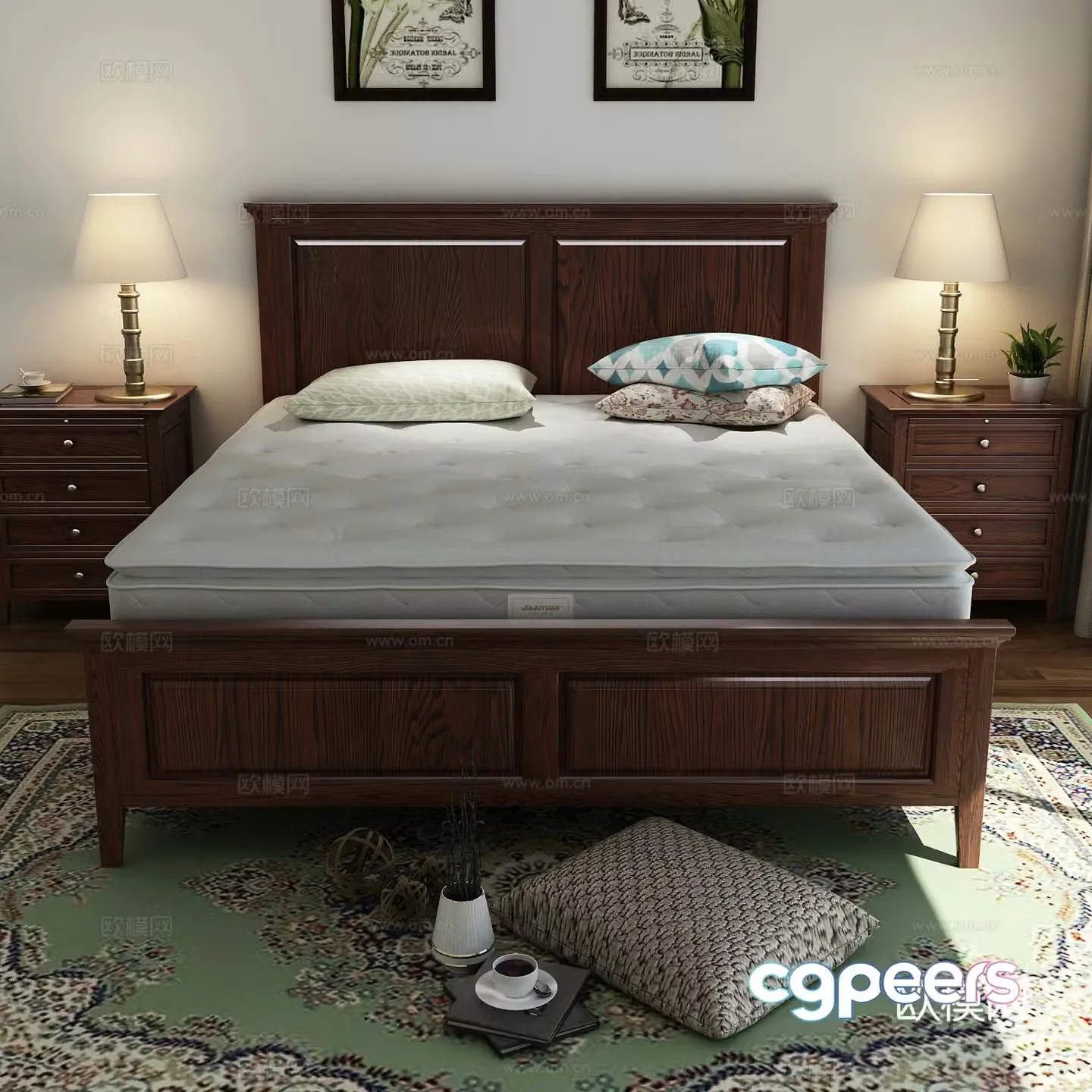 American simple and beautiful solid wood bed mattress model American nightstand 3D model
