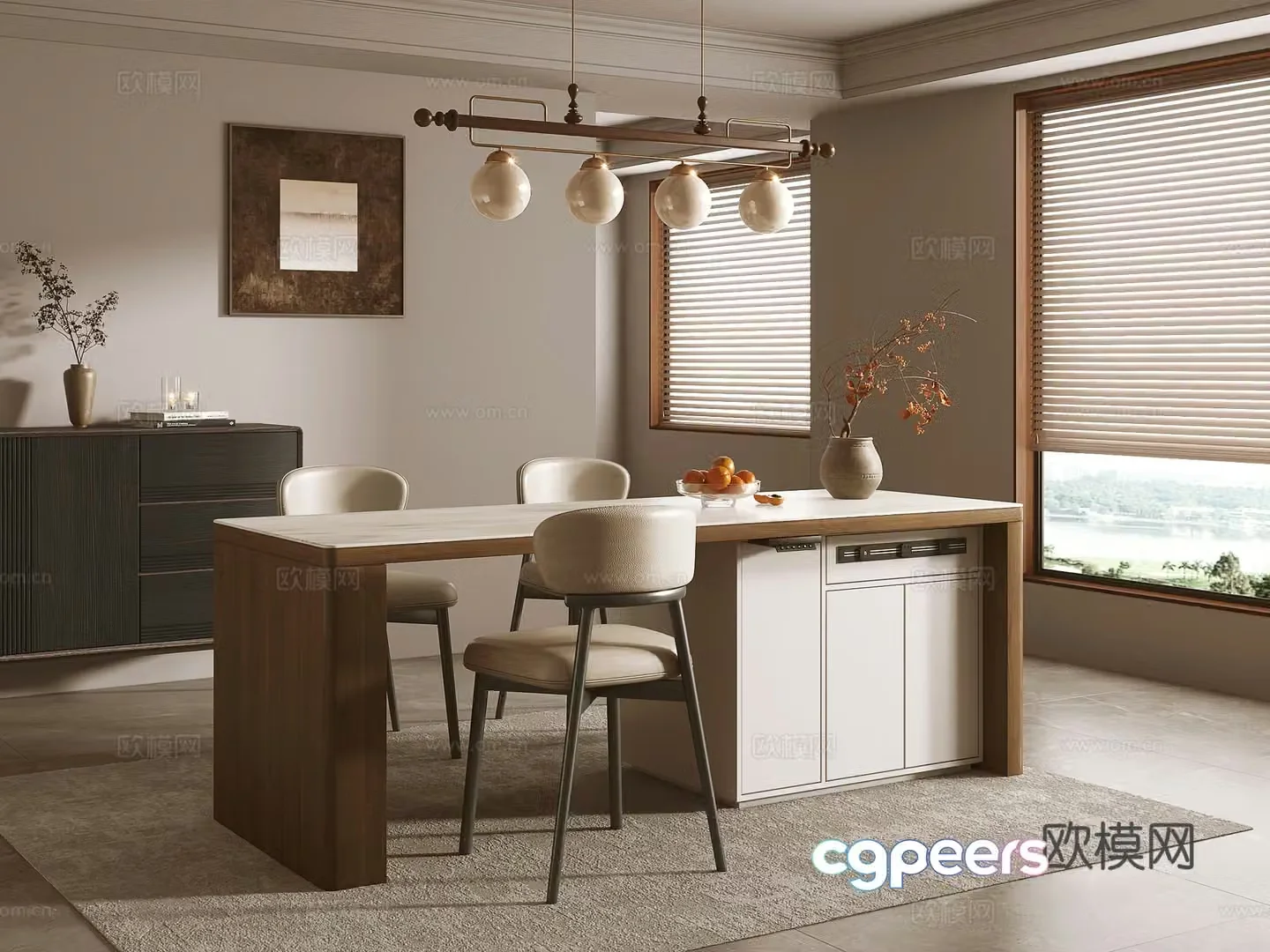 Medium style island dining table 3D model