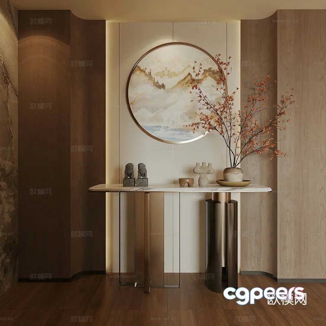 New Chinese style case New Chinese style entrance Song style entrance metal end view case Flower arrangement 3D model