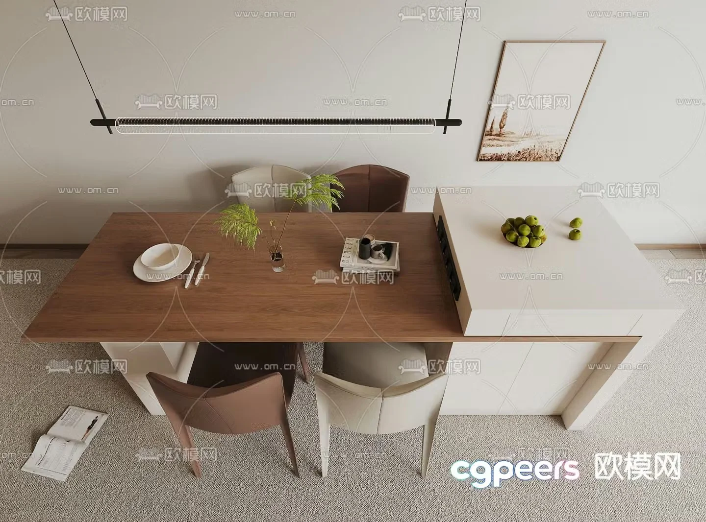 Island dining table and chairs 3d model