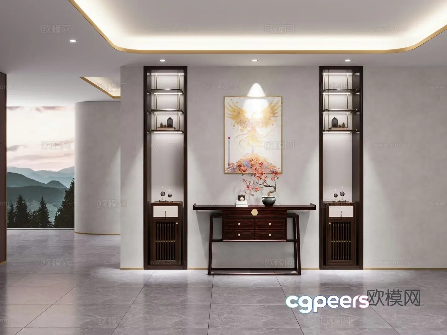 New Chinese style entrance cabinet entrance door background entrance table hanging painting 3D model