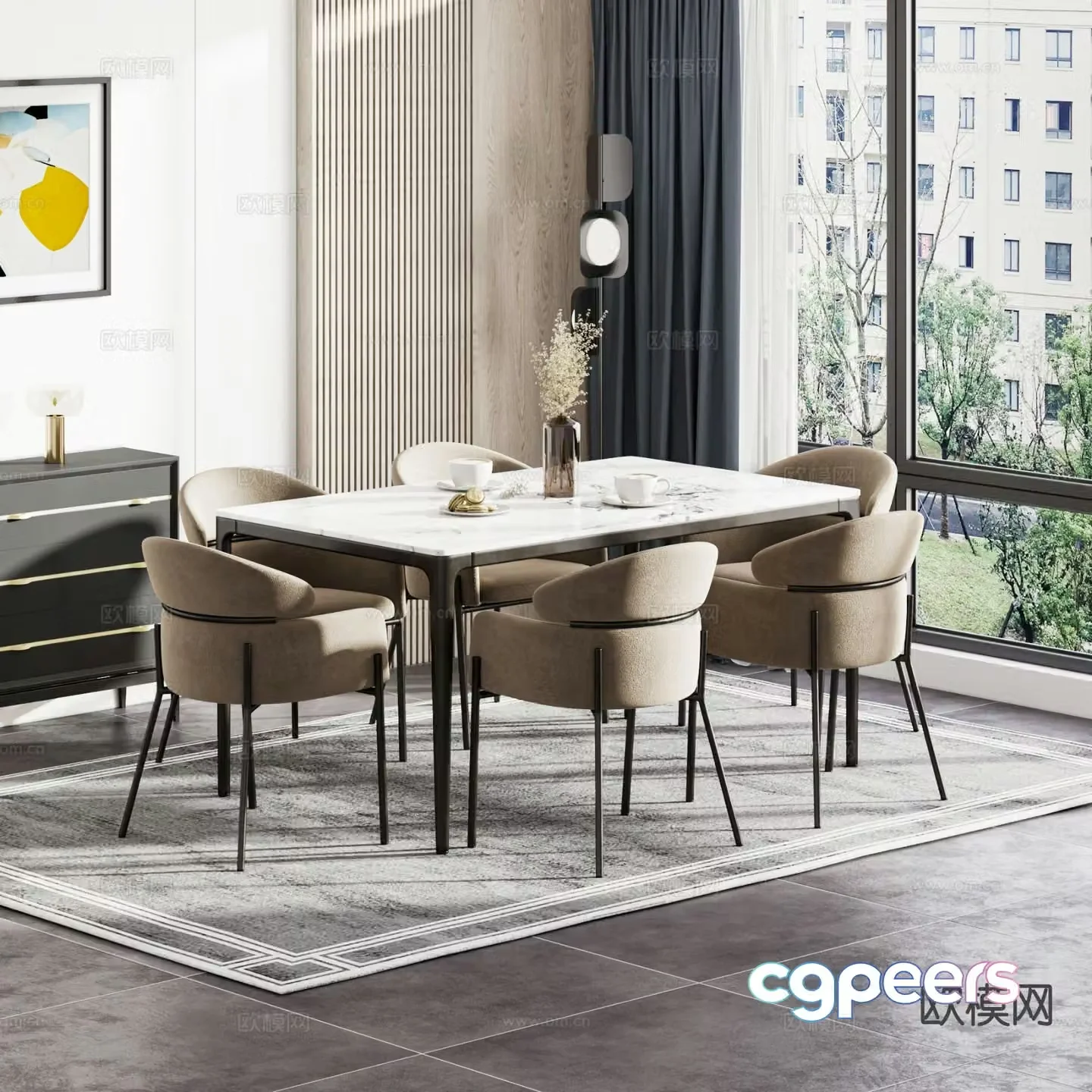 Modern dining table and chairs 3d model