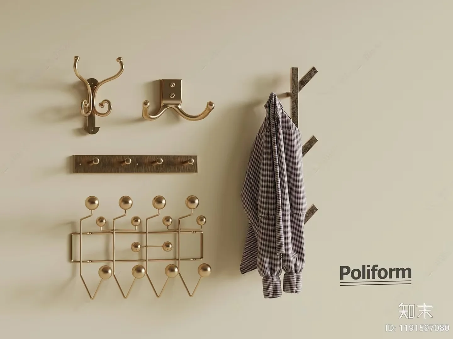 Coat Hooks On A Wall 3D Model – 14619 – VRAY Render