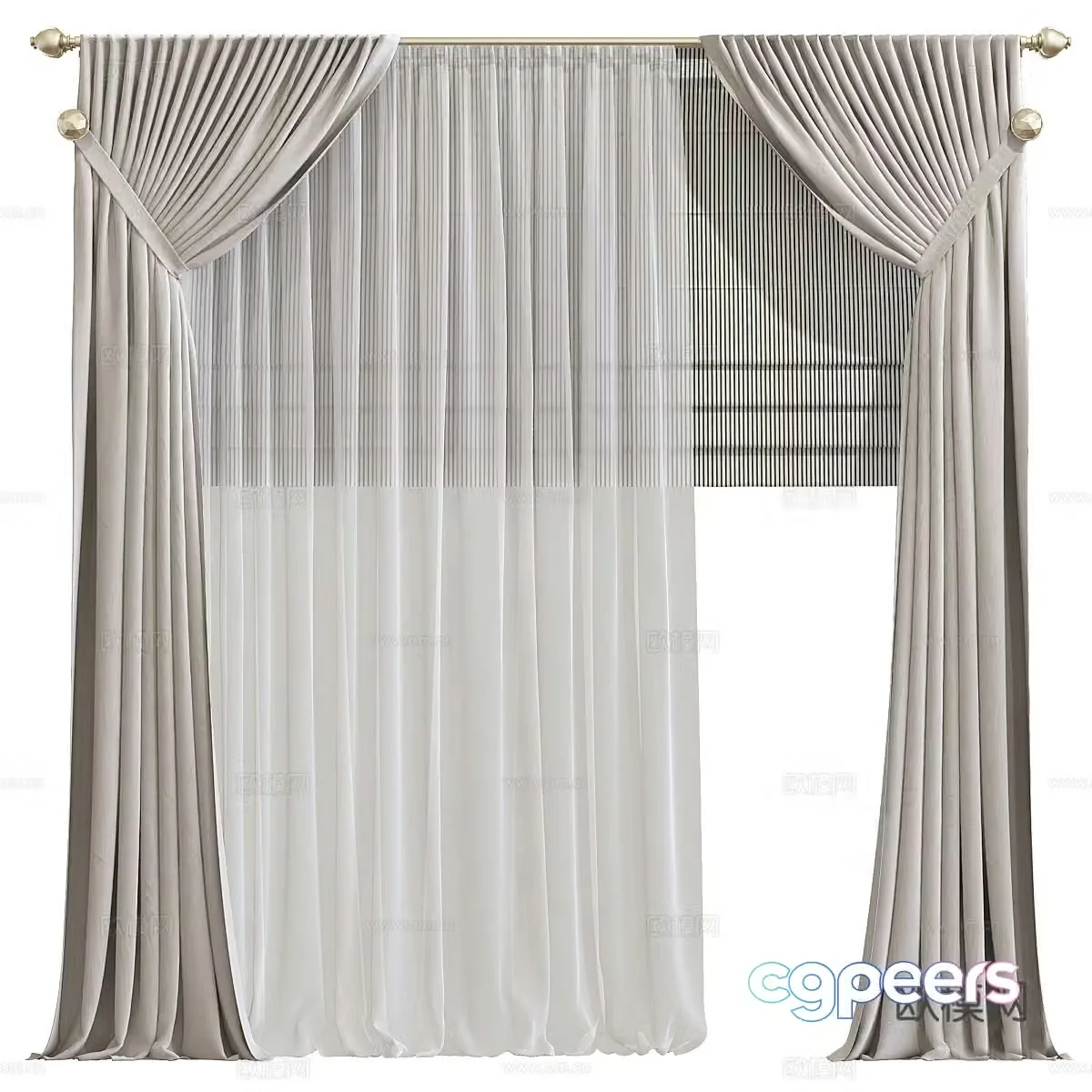 New Chinese style fabric curtain gauze curtain high strap curtain 3D model