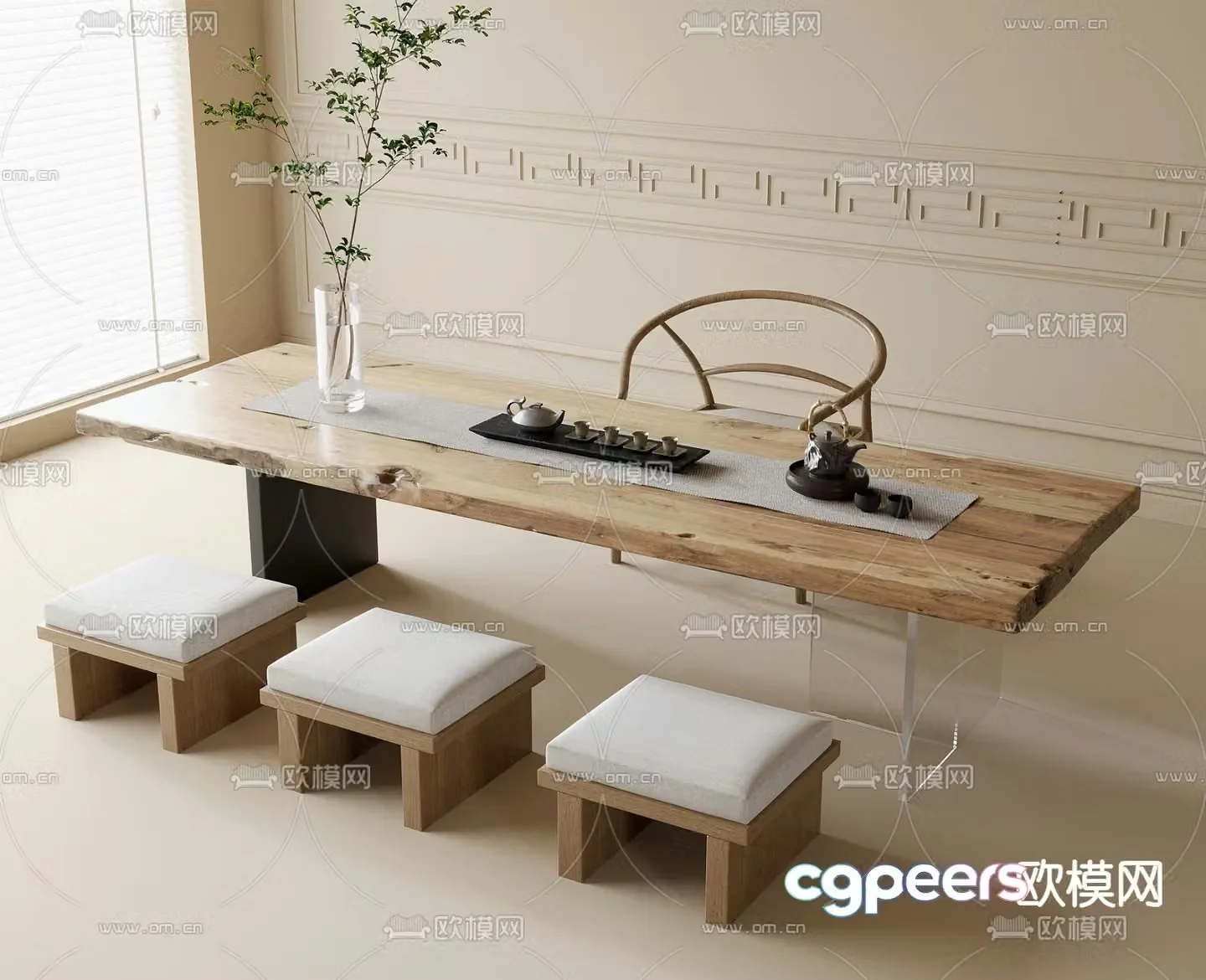 Modern tea table and chairs solid wood tea table 3d model