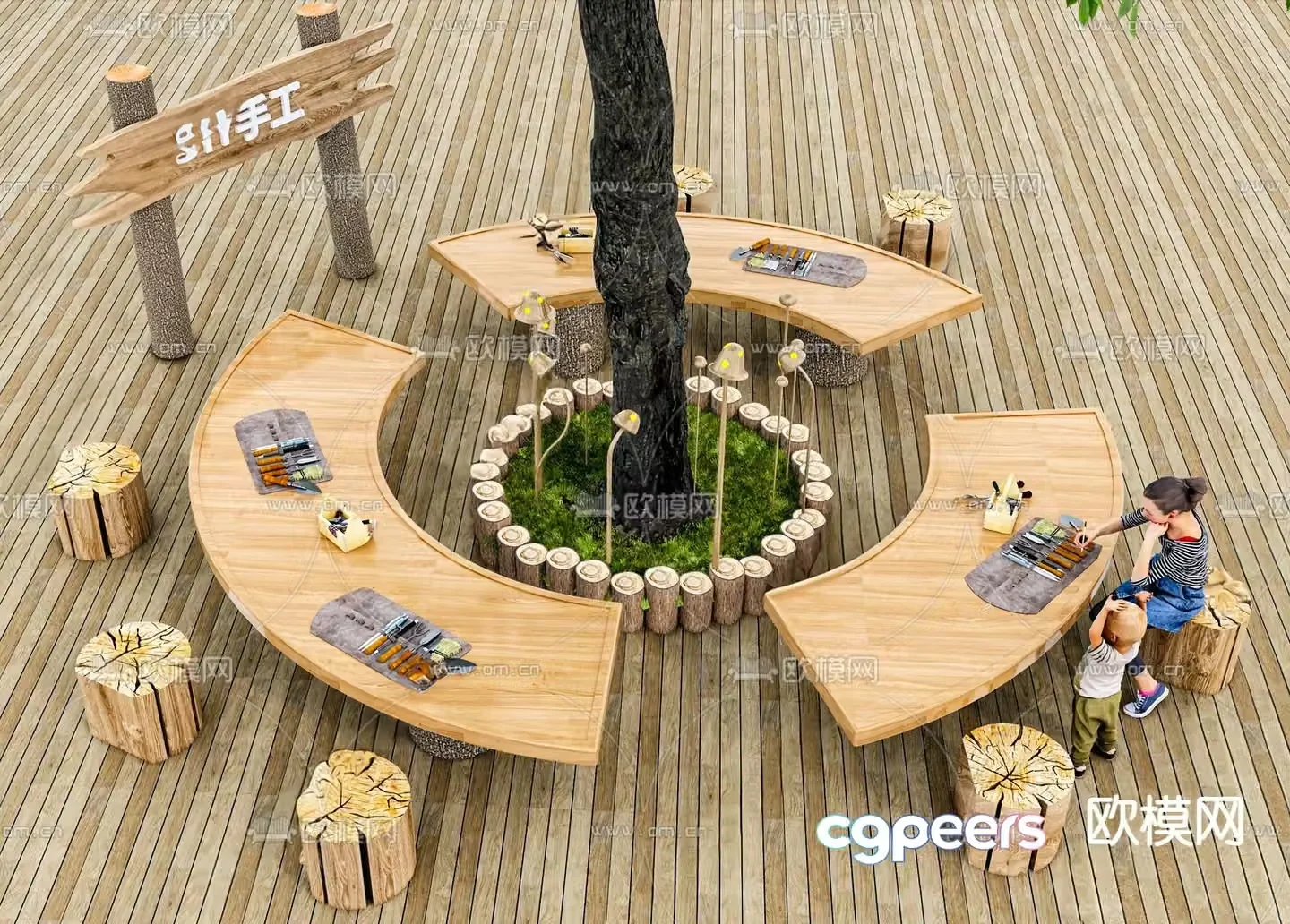Landscape seat DIY handmade table tree pool seat 3D model