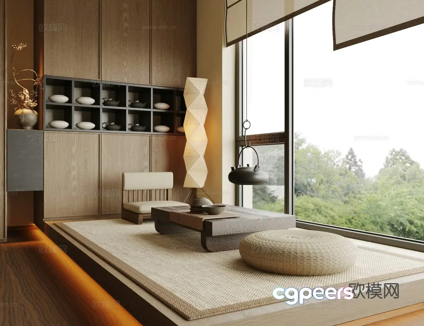New Chinese style Zen tea room Tatami tea room Balcony tea room Tatami tea table and chair Tea cabinet 3D model