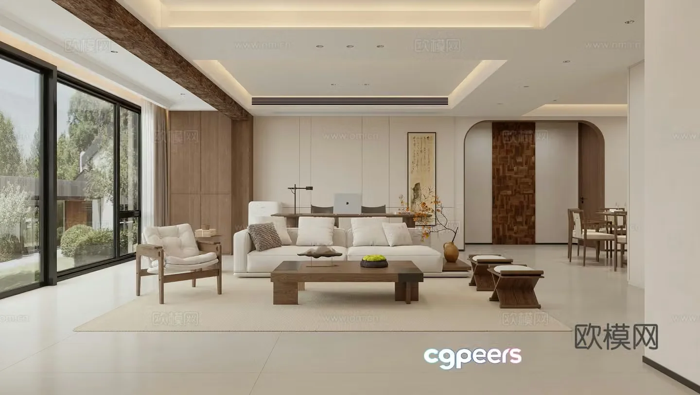 Zen Log Living and Dining Room 3D Model