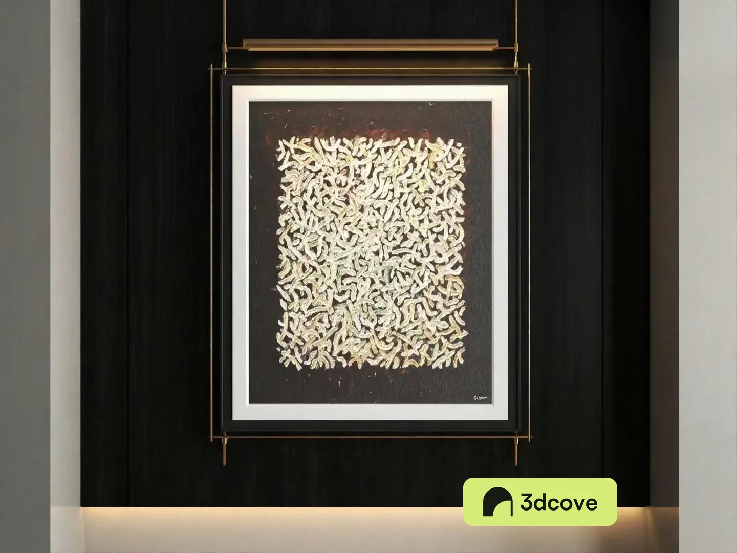 A Framed Artwork With A White Border And Gold Accents